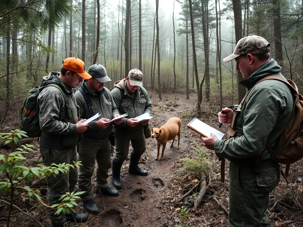 A group of hunters participating in a wildlife survey in a forest.