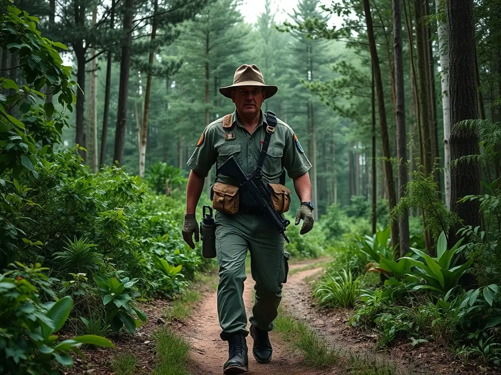 A warden patrolling a forest area with anti-poaching equipment, representing the organization's commitment to preventing illegal hunting activities.