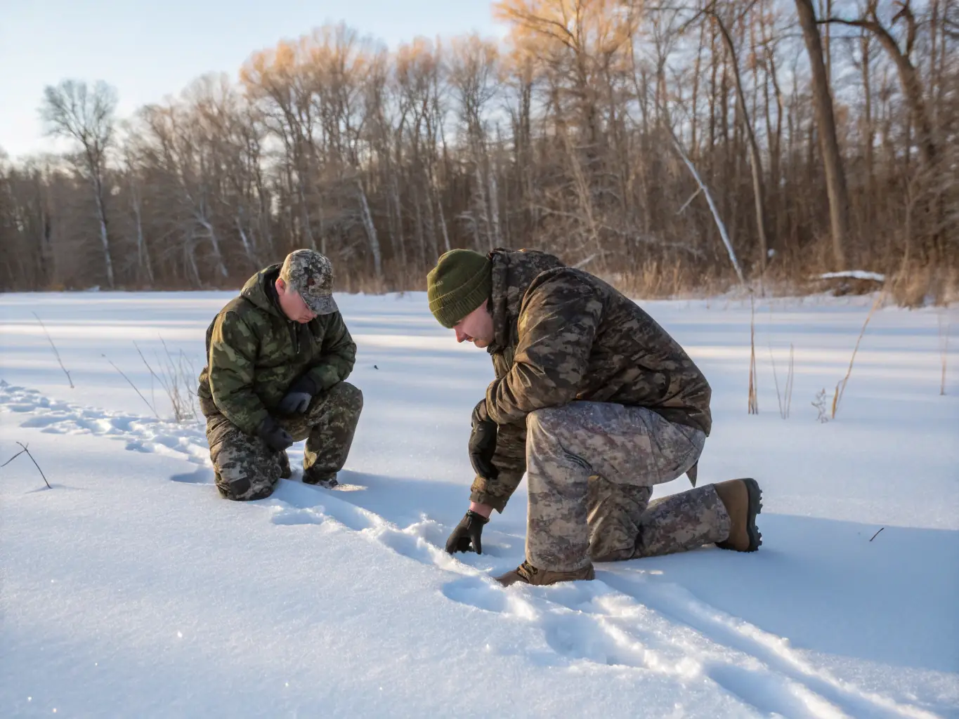 A wildlife expert demonstrating safe animal tracking techniques to a group of young hunters, highlighting the educational programs offered by SOCIETE COMMUNALE DES CHASSEURS DE MEILHARDS.