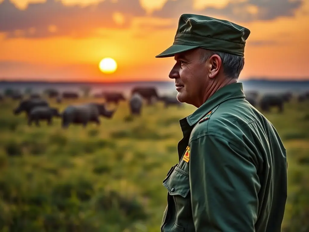 A photo of a wildlife ranger patrolling a forest area, equipped with binoculars and communication devices, representing the organization's anti-poaching efforts.