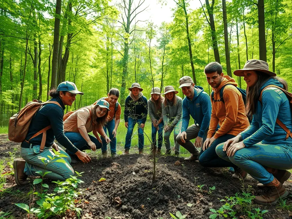 A group of volunteers planting trees in a deforested area, symbolizing habitat restoration efforts by SOCIETE COMMUNALE DES CHASSEURS DE MEILHARDS.
