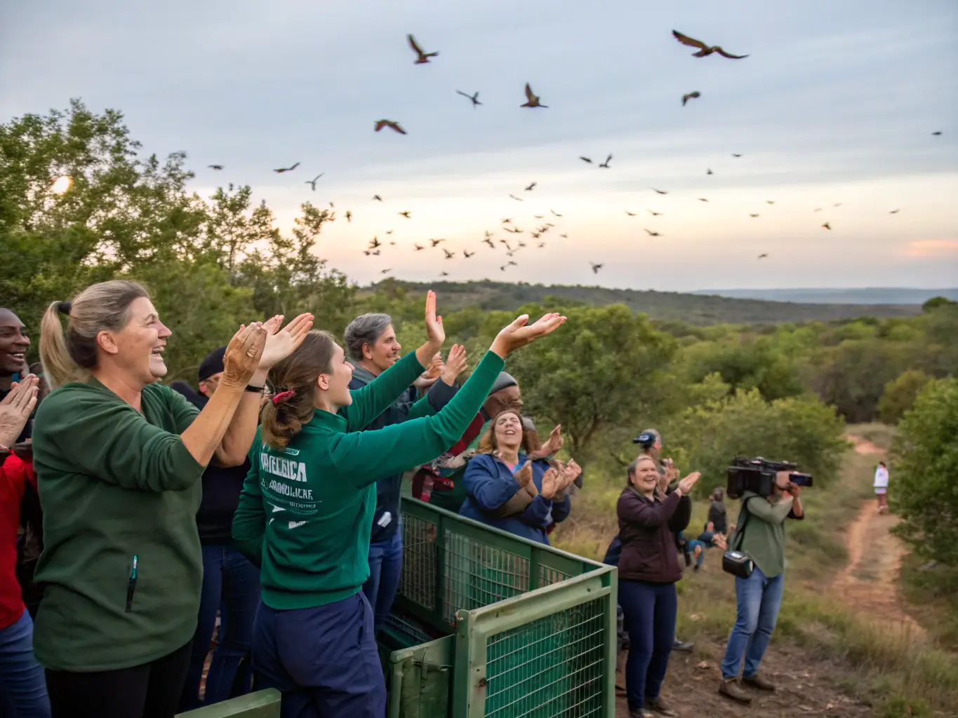A photograph depicting a group of volunteers releasing a rehabilitated deer back into its natural habitat, symbolizing the organization's commitment to wildlife conservation.